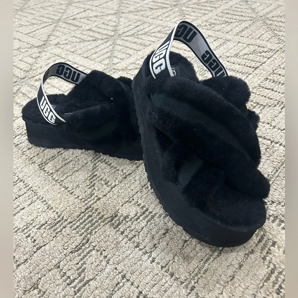 UGG Black Fluffy Slides with Logo Strap - Picture 3 of 10